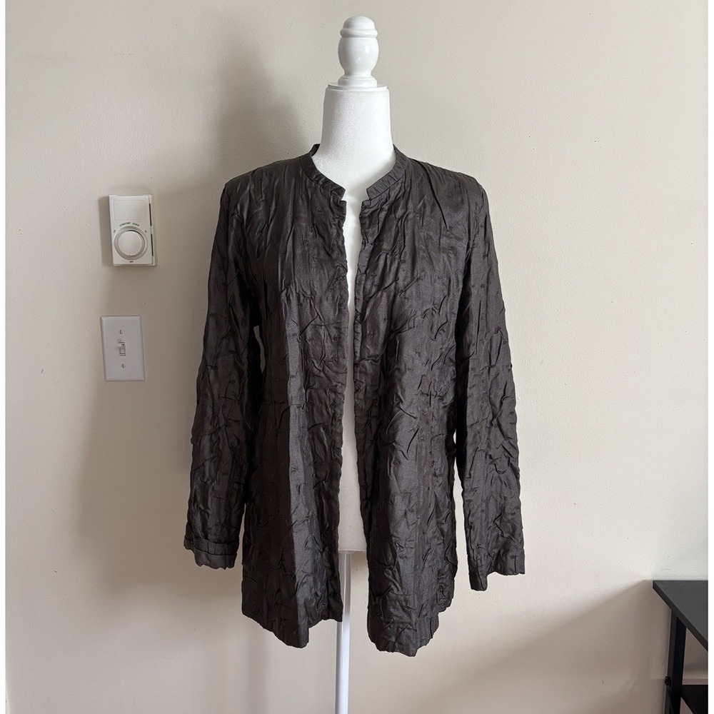 Eileen Fisher Womens Large Textured Silk Jacket Lined Gray Minimalist Neutral